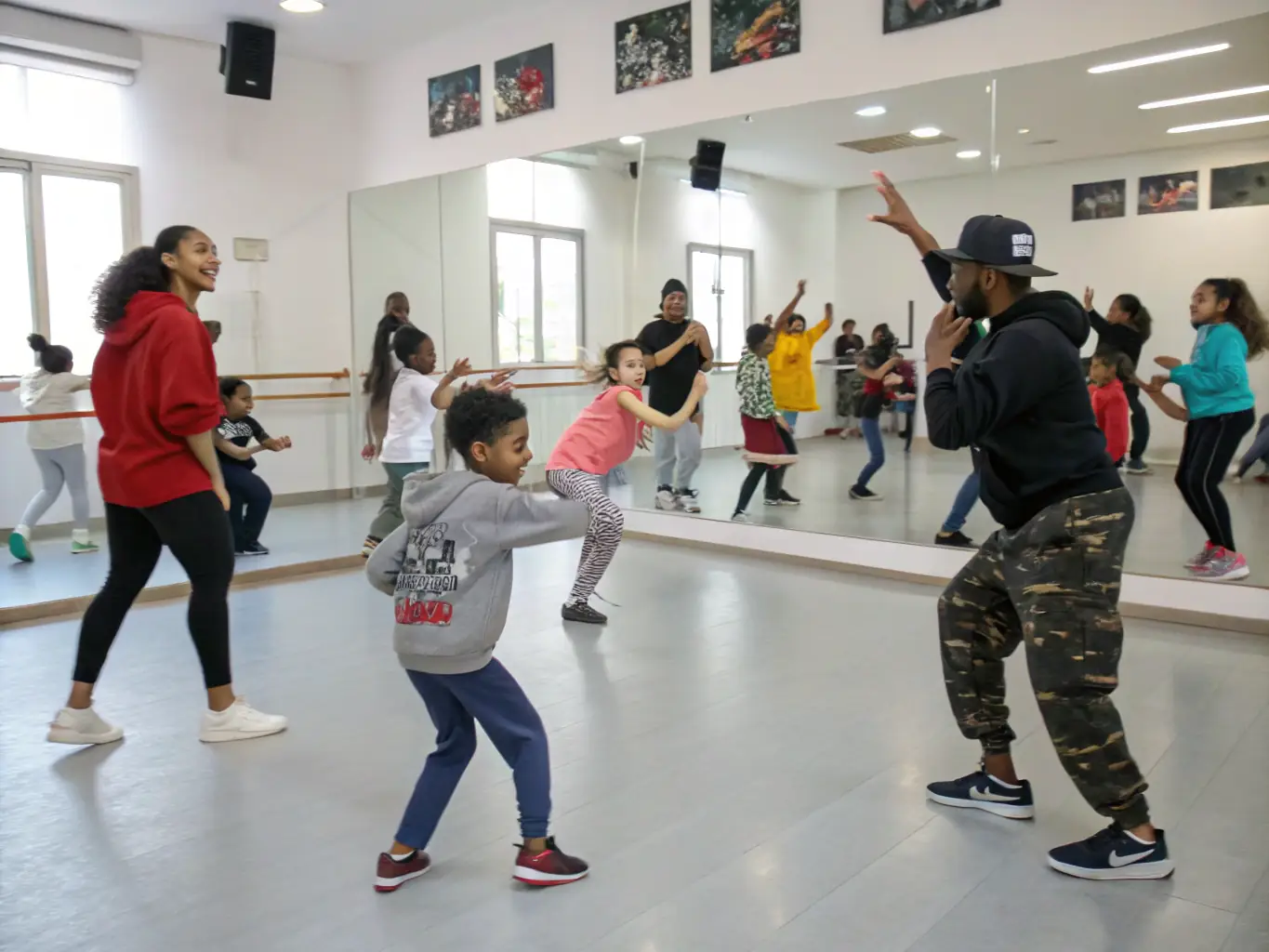 A vibrant image of a dance workshop in progress, with participants of various ages and backgrounds engaged in a creative movement exercise, showcasing the inclusive and dynamic environment of FEET ON THE GROUND.