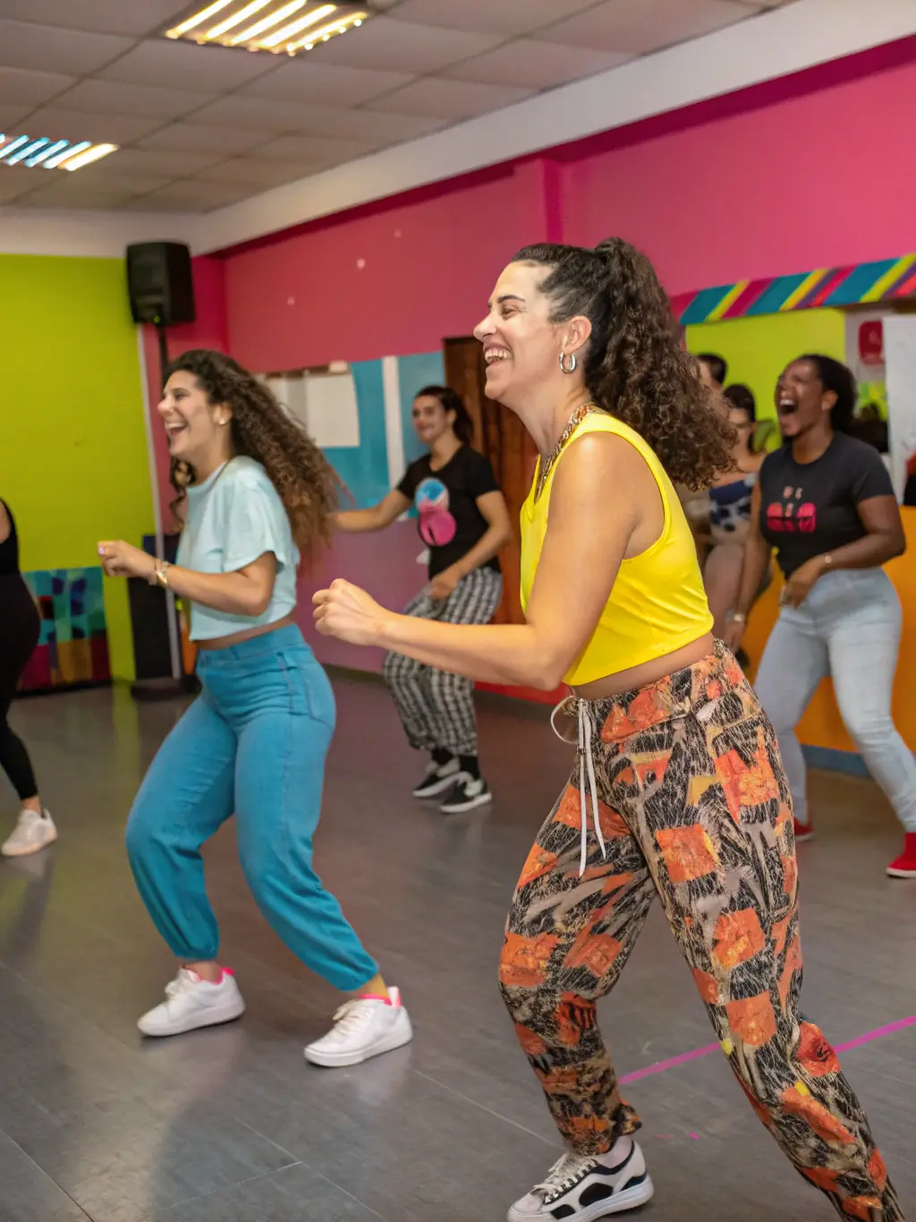 A vibrant photograph capturing a dance workshop in progress, with participants of diverse ages and backgrounds engaged in movement, showcasing the inclusive nature of FEET ON THE GROUND's dance program.