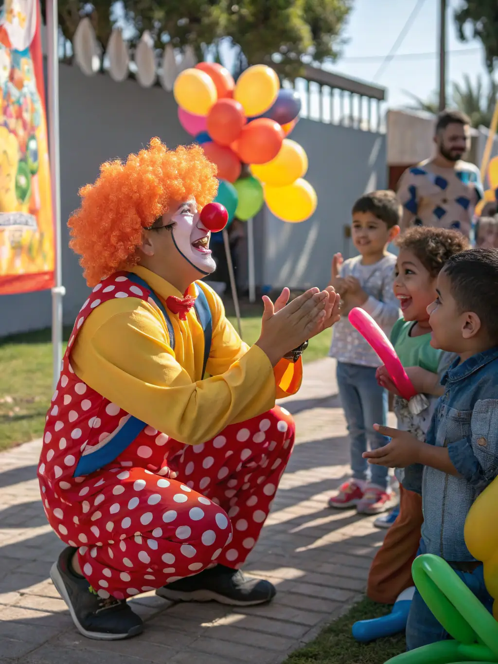 A clown interacting with children, creating laughter and joy with playful antics and colorful props in a community center.