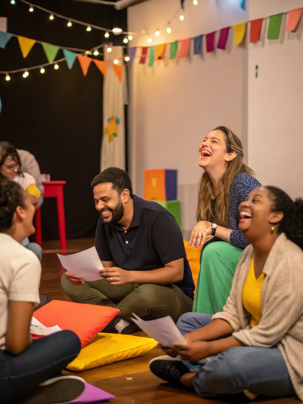 A diverse group of people laughing and collaborating during a clowning workshop, showcasing the inclusive and joyful atmosphere of FEET ON THE GROUND.