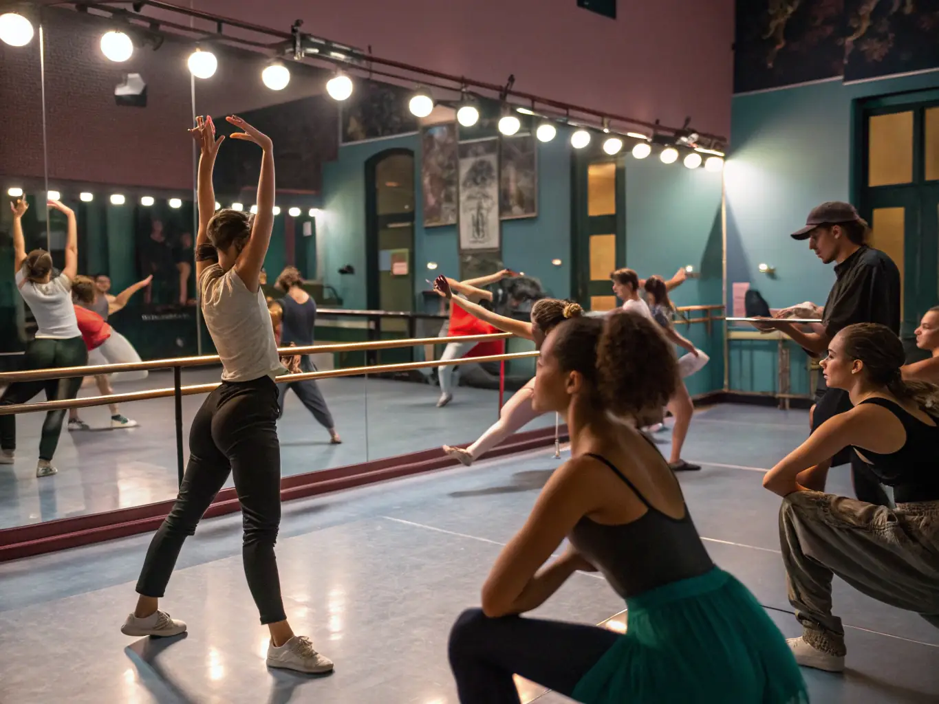 A vibrant photograph capturing a dance workshop in progress, with participants of various ages and backgrounds moving together in a fluid and expressive manner, showcasing the joy and inclusivity of dance at FEET ON THE GROUND.