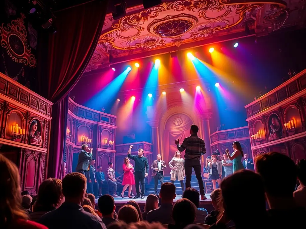 A captivating image of a theater performance, featuring amateur actors on stage, illuminated by stage lights, and conveying a sense of drama and storytelling, reflecting FEET ON THE GROUND's commitment to facilitating access to the stage.