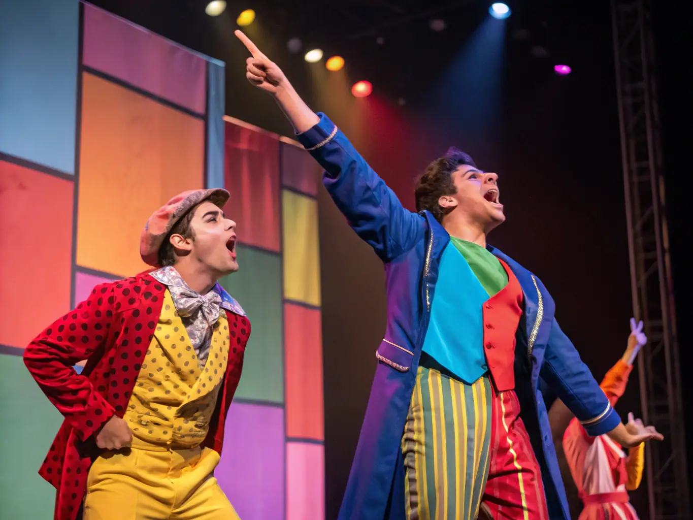 A dynamic image of a theater performance, capturing actors on stage in costume, conveying the energy and collaborative spirit of FEET ON THE GROUND's theater program.