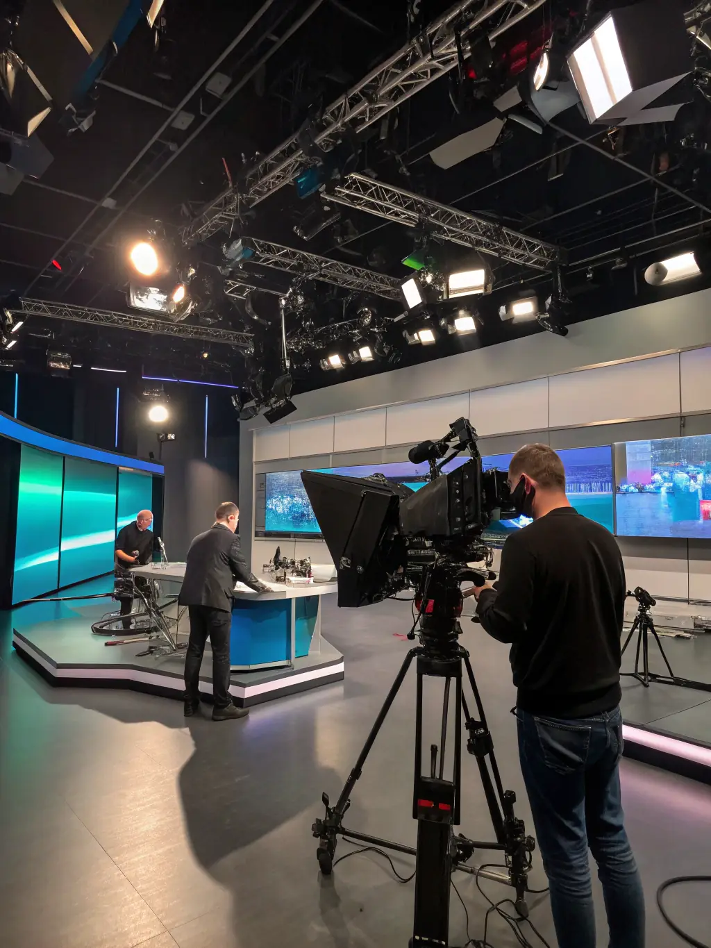 A behind-the-scenes image of a video production workshop, showing participants learning about camera techniques and editing software, highlighting FEET ON THE GROUND's dedication to media arts.