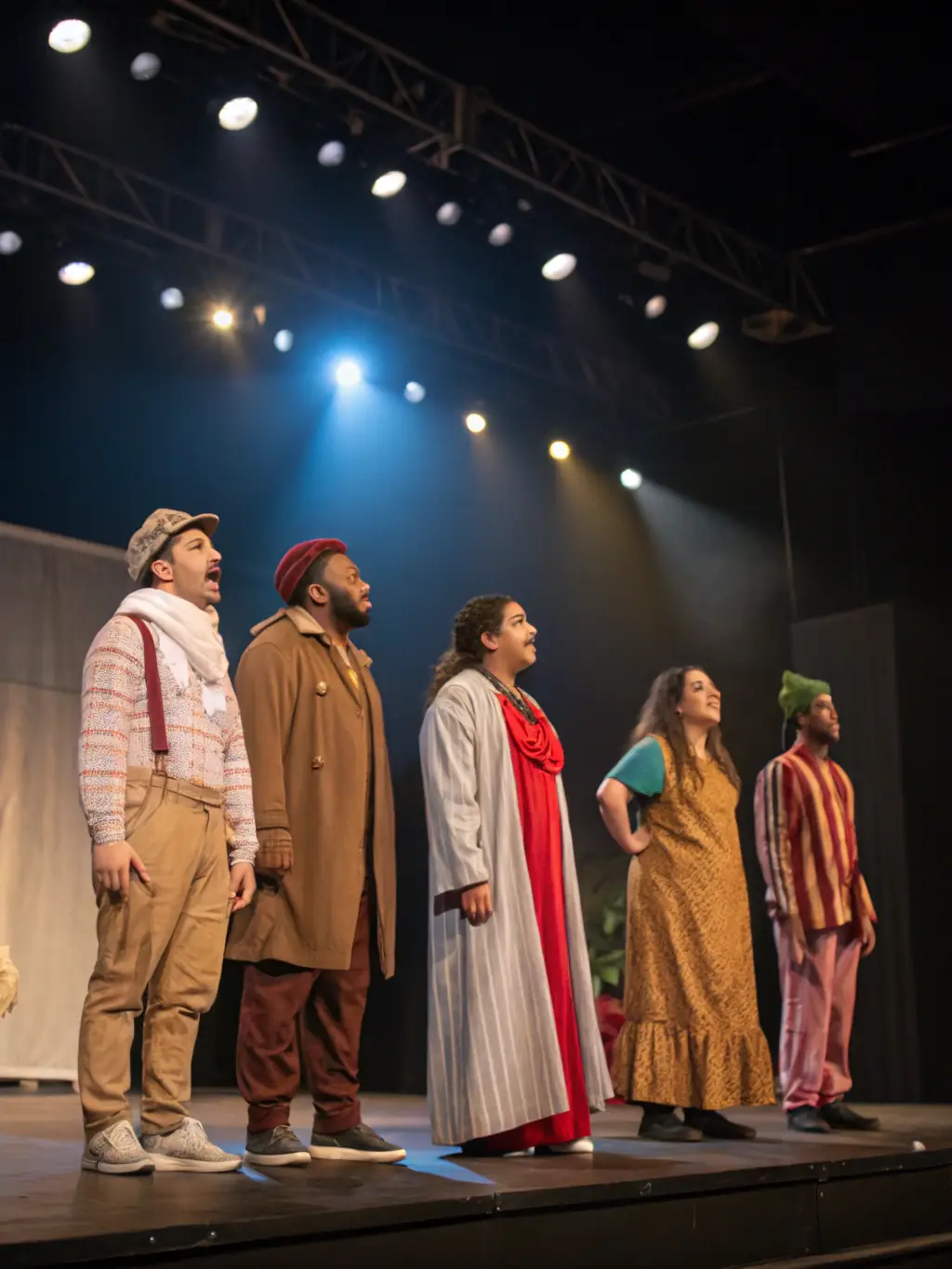 A group of theater participants rehearsing a scene, demonstrating the organization's dedication to providing access to the stage and supporting emerging talents.