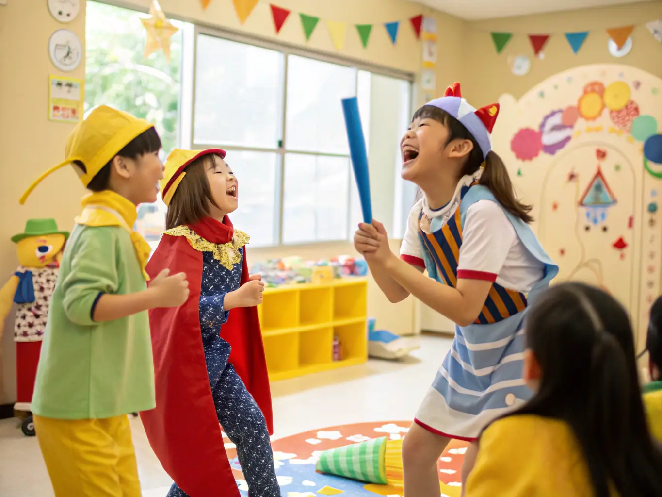 A playful image of a clowning workshop, featuring participants with painted faces and colorful costumes, engaging in improvisational exercises, highlighting the fun and creative aspects of FEET ON THE GROUND's clowning program.