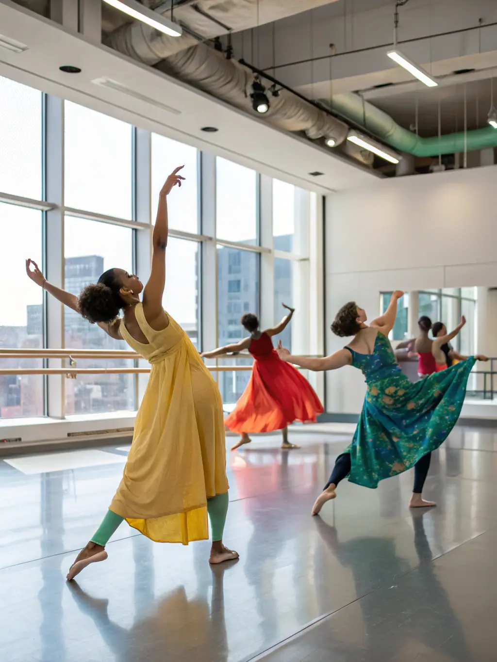 A vibrant photograph capturing a dance workshop in progress, showcasing participants of diverse ages and backgrounds engaged in a contemporary dance routine, with the instructor providing guidance in the background. The setting is a brightly lit studio with large windows.