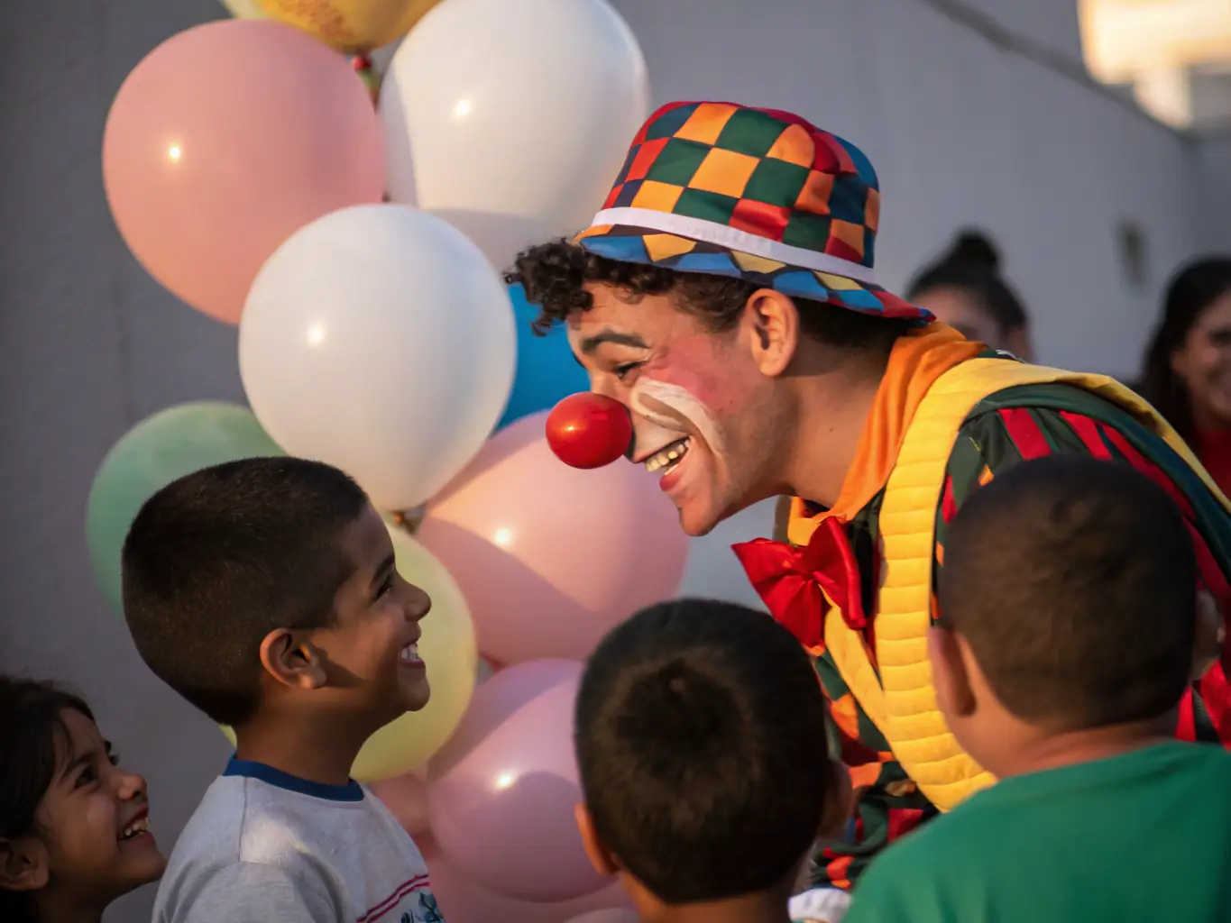 A playful photograph of a clowning workshop, showing participants in colorful costumes and makeup, engaging in silly antics and laughter, emphasizing the fun and lighthearted atmosphere of clowning at FEET ON THE GROUND.