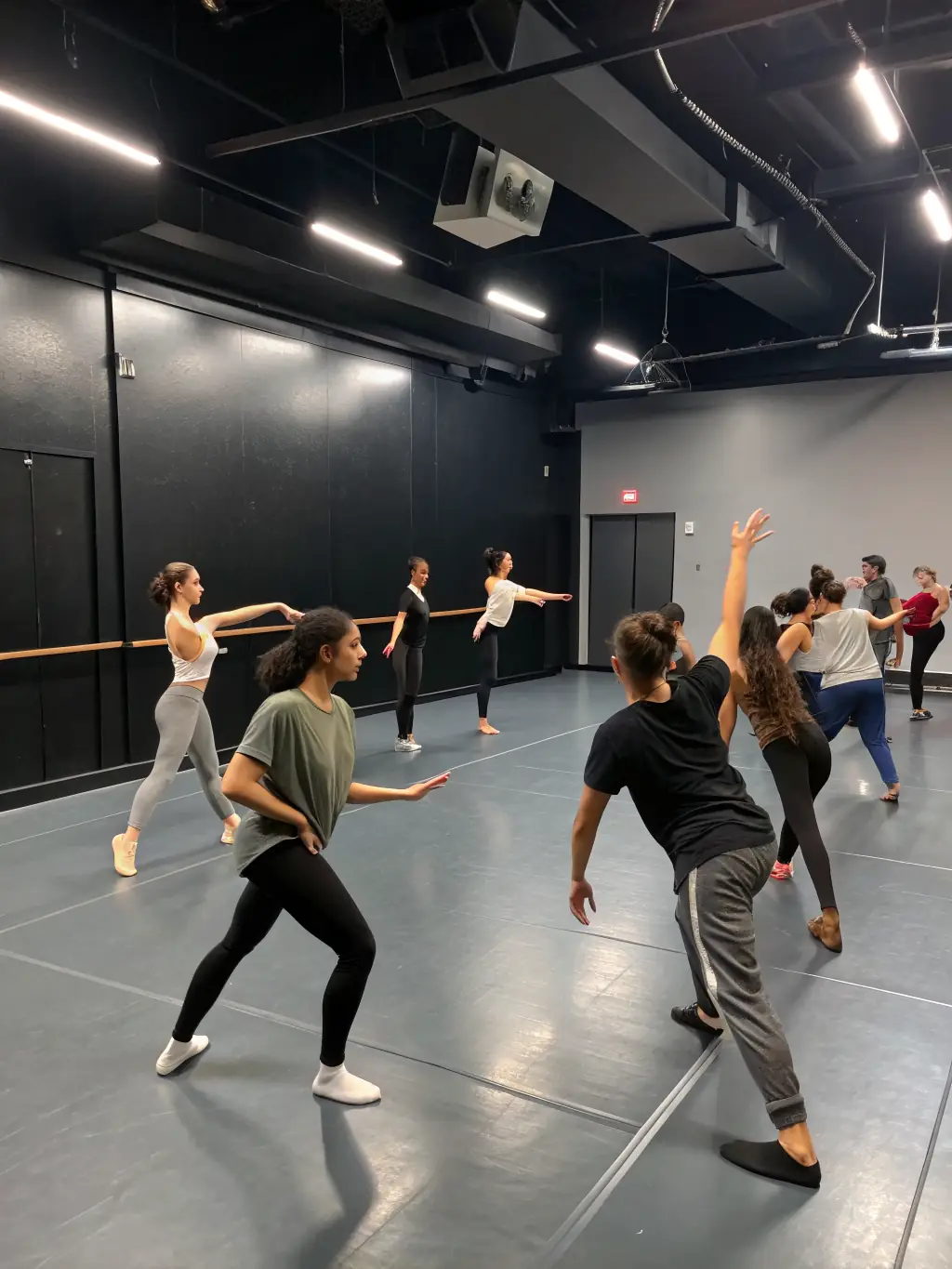 A group of diverse individuals participating in a modern dance workshop, expressing joy and creativity through movement, set in a brightly lit studio with large windows.