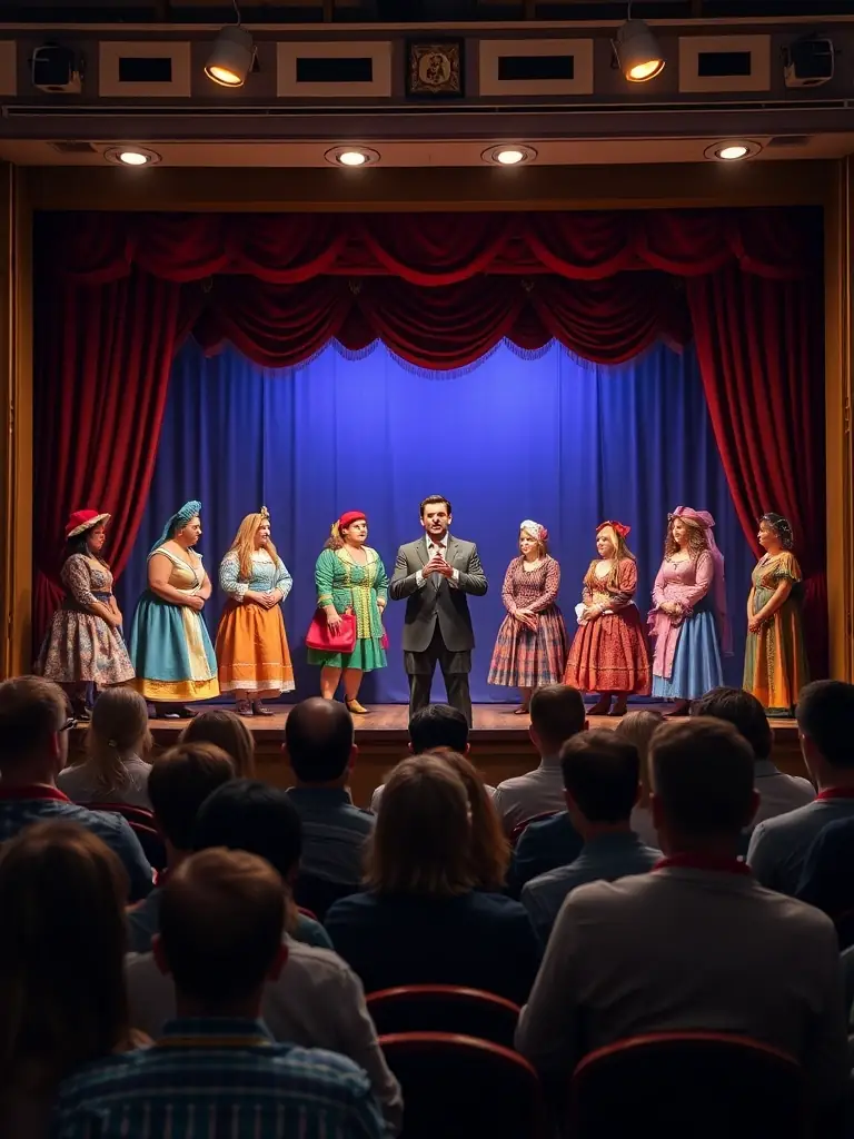 A scene from a theatrical performance featuring amateur actors in colorful costumes, showcasing a dramatic moment on a well-lit stage.